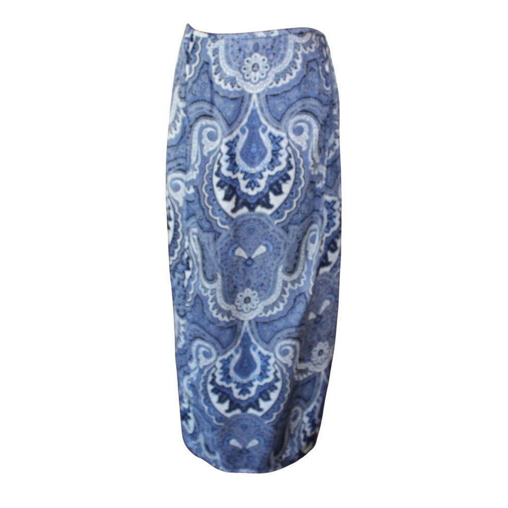 Vintage Linda Allard Ellen Tracy Maxi Wrap Skirt 12 100% Silk Blue Paisley Long